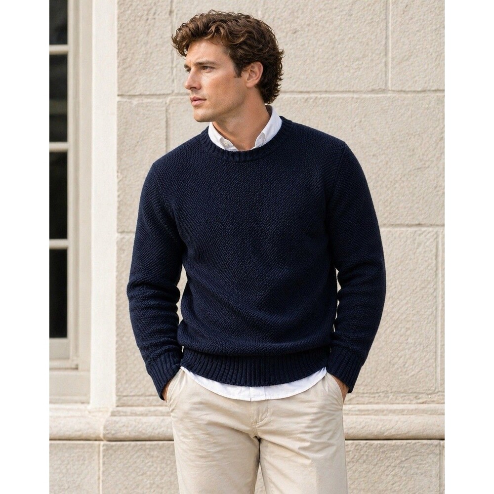 J Crew Sweater Mens XL‎ Navy Blue Premium Basket-stitch Cotton Crewneck Preppy
